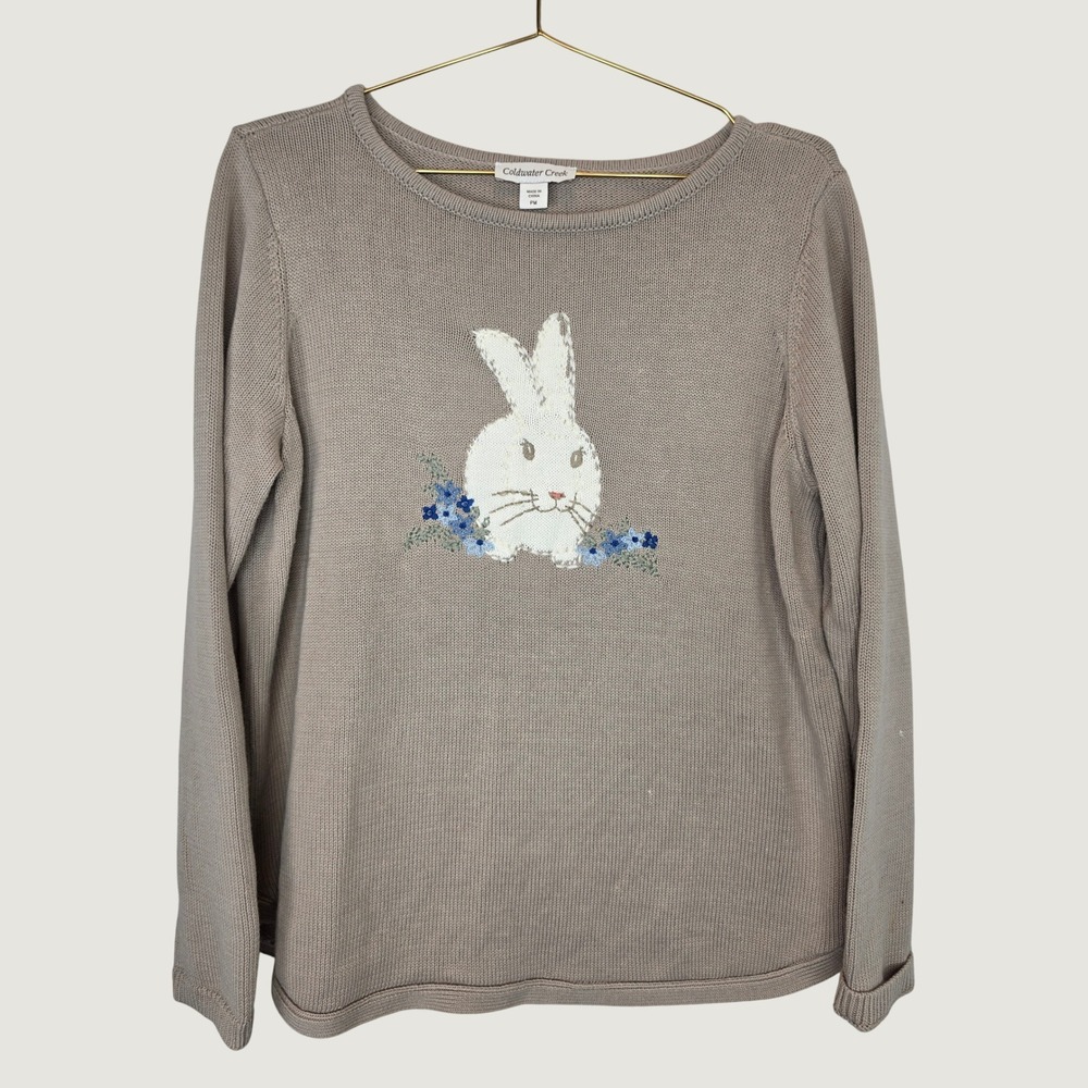 Coldwater Creek Knit Bunny Sweater Embroidered Grandmacore Whimsical PM